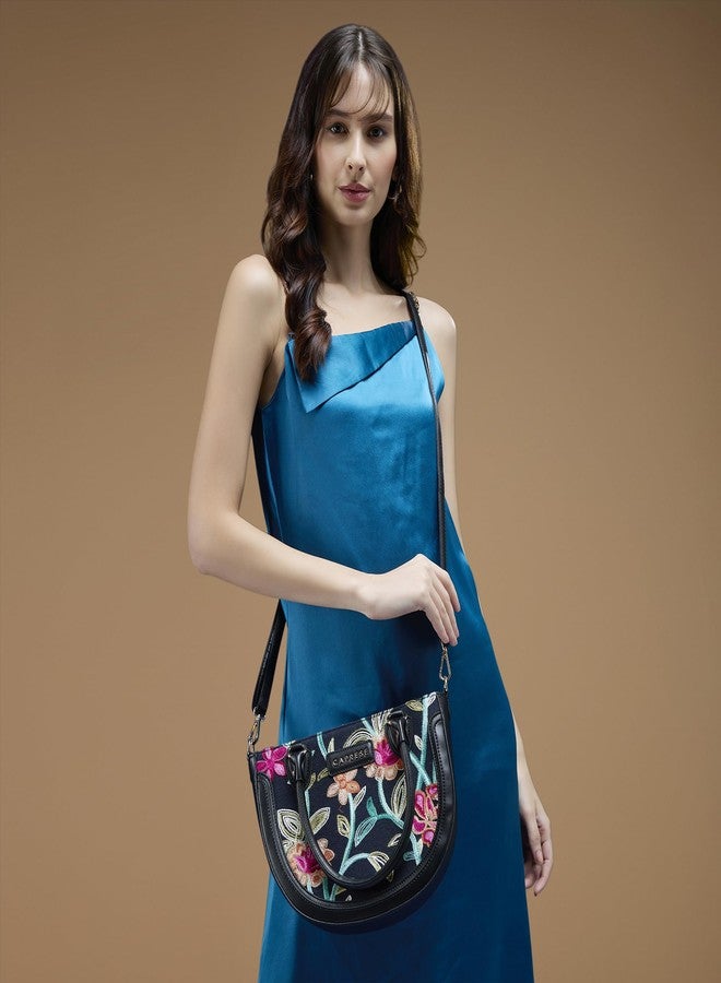 Caprese Elsa Medium Satchel Bag for Women with Adjustable & Detachable Strap | Elegant Embroidery Faux Leather Handbag | Multi-Compartment Crossbody Shoulder Bag for Special Occasions (Black) - Image 2